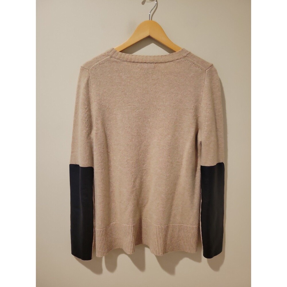 J.Crew Wool Cashmere V Neck Sweater Women's M Beige Black Leather Sleeve Panels - Picture 3 of 7